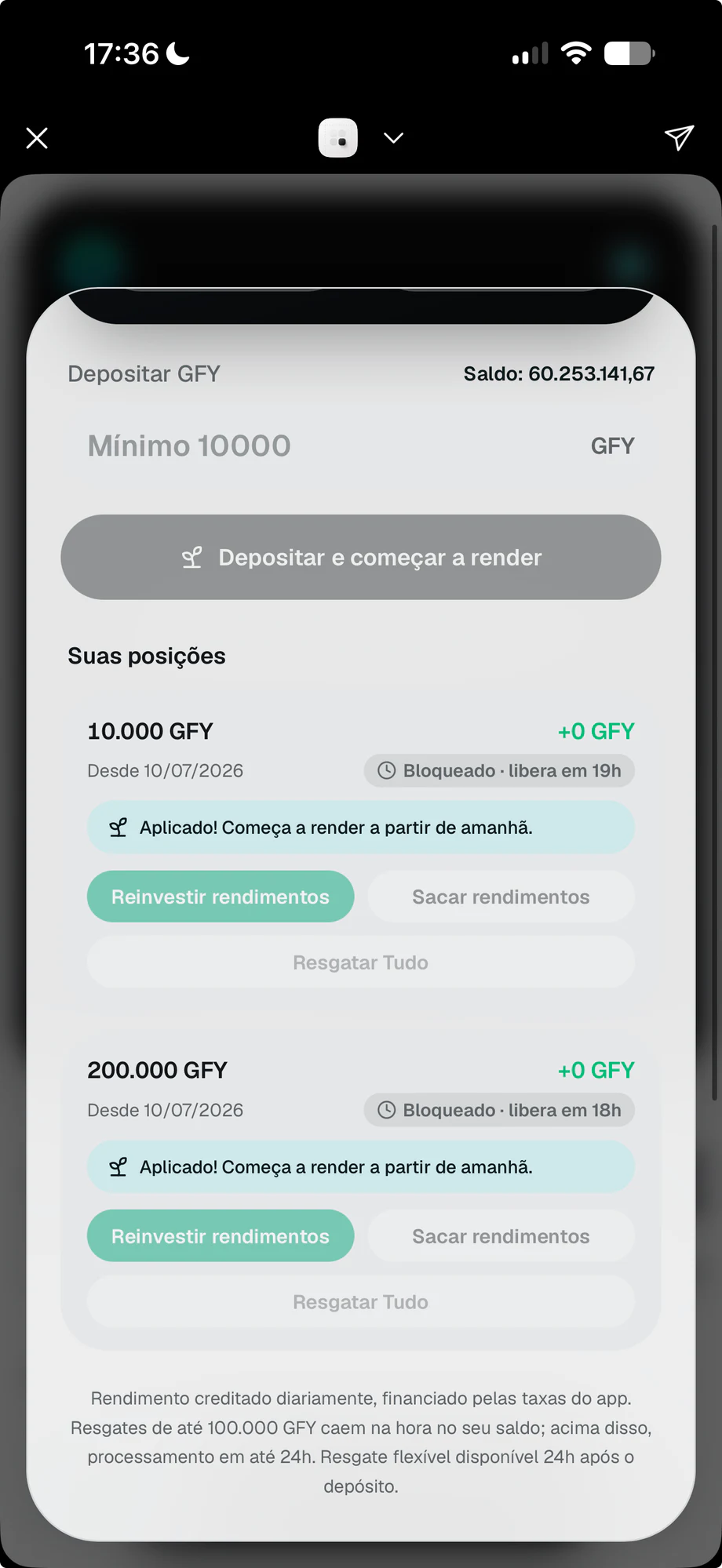 Tela de rendimentos do GFY Wallet