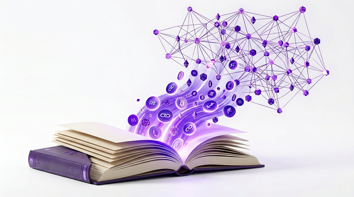 Ilustração 3D mostrando livro conectado à blockchain em tons roxos
